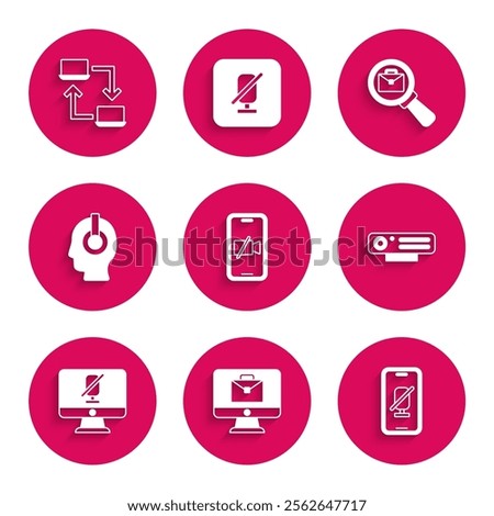 Set Video camera Off on mobile, Online working, Mute microphone, Web, computer, Freelancer, Magnifying glass with briefcase and  icon. Vector