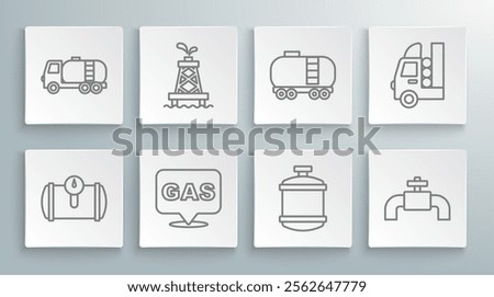 Set line Gas tank for vehicle, Oil rig, Location and gas station, Propane, Metallic pipes valve, railway cistern,  and Tanker truck icon. Vector