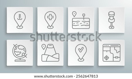 Set line Earth globe, Medical location with cross, Location mountain, check mark, Infographic of city map, Broken road, Push pin and anchor icon. Vector