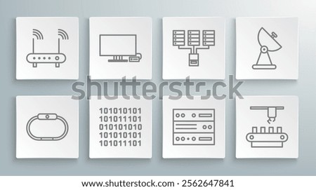 Set line Smartwatch, Tv, Binary code, Server, Data, Web Hosting, Factory conveyor system belt, Radar and Router and wi-fi signal icon. Vector