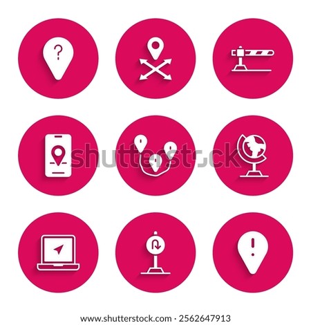 Set Route location, Turn back road sign, Location with exclamation mark, Earth globe, Laptop marker, City map navigation, Parking car barrier and Unknown route point icon. Vector