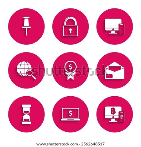 Set Reward for good work, Laptop with dollar symbol, Computer monitor mobile phone and bitcoin, Envelope, Old hourglass flowing sand, Magnifying globe,  and Push pin icon. Vector