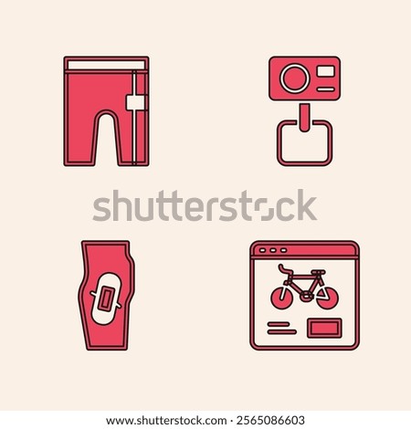 Set Bicycle rental mobile app, Cycling shorts, Action extreme camera and Plaster leg icon. Vector