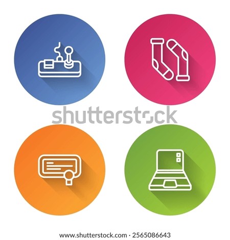 Set line Gamepad, Socks, Certificate template and Laptop. Color circle button. Vector