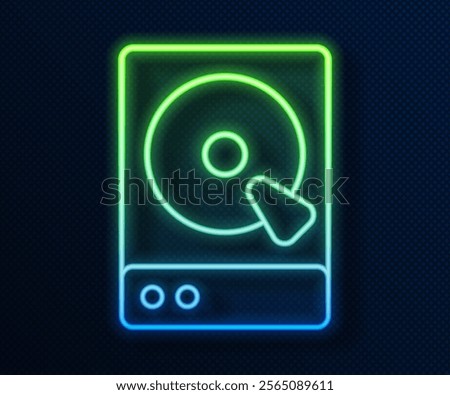 Glowing neon line Hard disk drive HDD icon isolated on blue background.  Vector