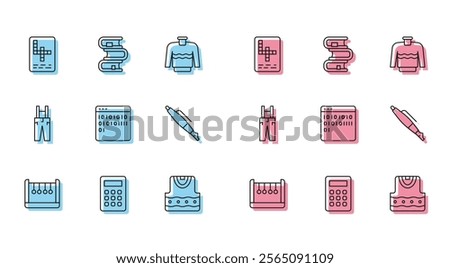 Set line Pendulum, Calculator, Crossword, Waistcoat, Binary code, Fountain pen nib, Pants with suspenders and Book icon. Vector