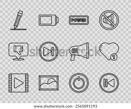 Set line Play Video, Rewind, Power button, Picture landscape, Pencil with eraser, Fast forward,  and Like heart icon. Vector