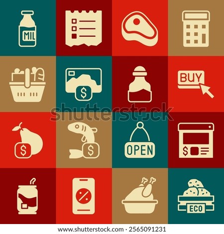 Set Wooden box for fruits, Online ordering and delivery, Buy button, Steak meat, Credit card, Shopping basket food, Bottle with milk and Spice can icon. Vector