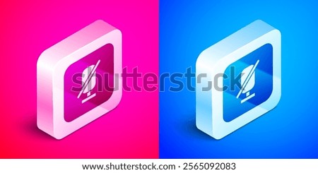 Isometric Mute microphone icon isolated on pink and blue background. Microphone audio muted. Silver square button. Vector