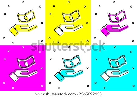 Set Hand holding money icon isolated on color background. Dollar or USD symbol. Cash Banking currency sign.  Vector