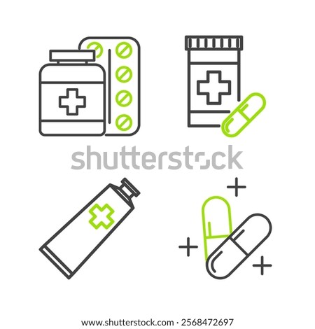 Set line Medicine pill or tablet, Ointment cream tube medicine, bottle and pills and  icon. Vector