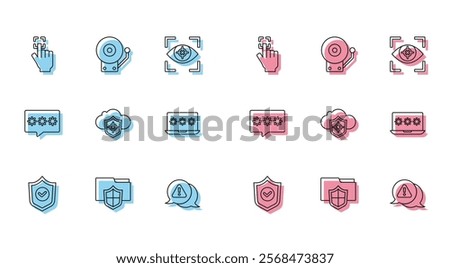 Set line Shield with check mark, Document folder protection, Fingerprint, Exclamation triangle, Cloud and shield, Laptop password, Password and Ringing alarm bell icon. Vector