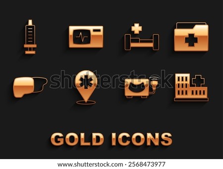 Set Location hospital, Patient record, Hospital building, Ultrasound, Human organ liver, bed, Syringe and Monitor with cardiogram icon. Vector