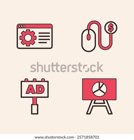 Set Board with graph chart, Browser setting, Advertising and  icon. Vector