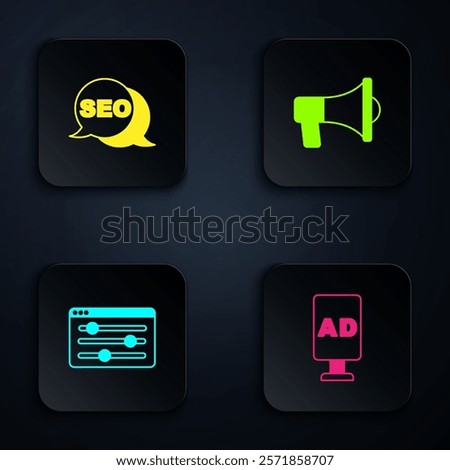 Set Advertising, SEO optimization, Browser setting and Megaphone. Black square button. Vector