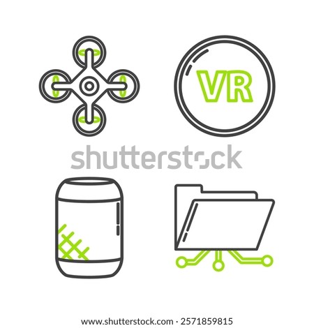 Set line Folder and lock, Voice assistant, Virtual reality and Drone icon. Vector