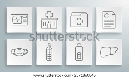 Set line Medical protective mask, Hospital building, thermometer, Digital, Human organ liver, Patient record,  and Monitor with cardiogram icon. Vector