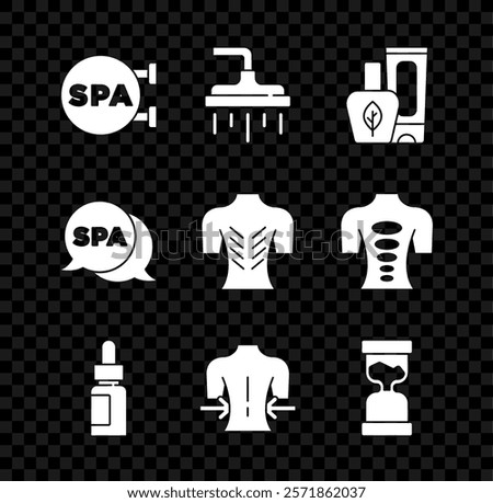 Set Spa salon, Shower head, Ointment cream tube, Essential oil bottle, Massage, Old hourglass,  and  icon. Vector