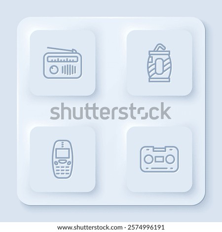 Set line Radio with antenna, Soda can straw, Old mobile phone and Retro audio cassette tape. White square button. Vector