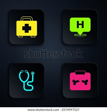 Set X-ray shots with broken bone, First aid kit, Stethoscope and Location hospital. Black square button. Vector