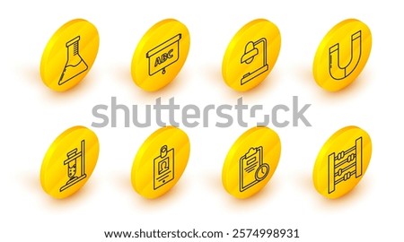 Set line Abacus, Exam sheet with clock, Identification badge, Glass test tube flask fire, Magnet, Table lamp, Chalkboard and Test and chemical laboratory icon. Vector