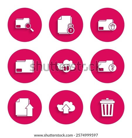 Set Cloud download and upload, Trash can, Unknown document folder, Upload file, Document, Delete and Search concept with icon. Vector