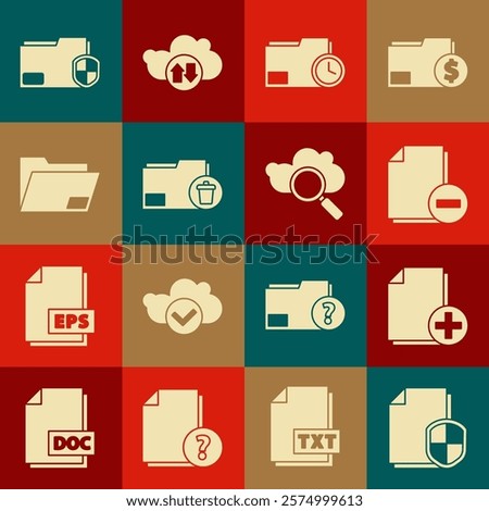 Set Document protection concept, Add new file, with minus, folder clock, Delete,  and Search cloud computing icon. Vector