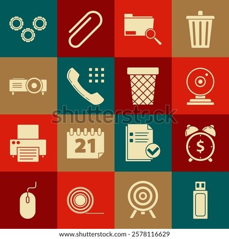 Set USB flash drive, Alarm clock with dollar symbol, Web camera, Search concept folder, Telephone handset, Presentation, movie, film, media projector, Gear and Trash can icon. Vector