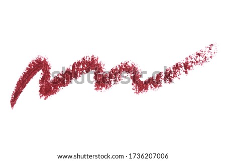 Lip liner stroke smear smudge isolated on white. Trace pencil burgundi bordo color. Lip pencil stroke curly shape. Makeup product texture. Woman cosmetic crayon for make up catalog. Macro, from above Stock fotó © 