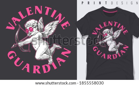 Graphic t-shirt design, valentine guardian slogan with Flying Cupid holding bow and aiming or shooting arrow ,vector illustration for t-shirt.