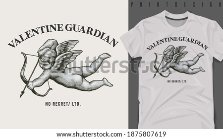 Graphic t-shirt design, valentine guardian slogan with Flying Cupid holding bow and aiming or shooting arrow ,vector illustration for t-shirt.