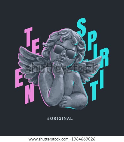 teen spirit slogan with antique baby angel in sunglasses,vector illustration for t-shirt.
