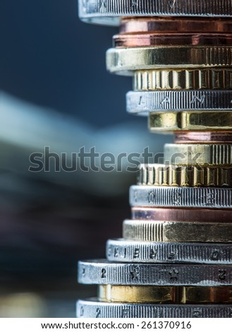 Euro coins. Euro money. Euro currency.Coins stacked on each other in different positions. Money concept