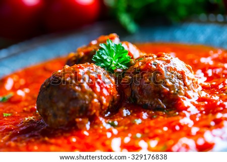 Meat balls. Italian and Mediterranean cuisine. Meat balls with spaghetti and tomato sauce. traditional kitchen.