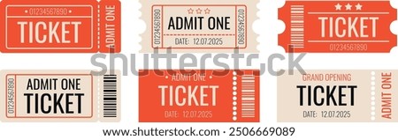 Ticket set, old style. Admit one tickets with bar code. Vintage, retro ticket concert and festival event, movie theater coupon. Vector paper and digital samples icon.