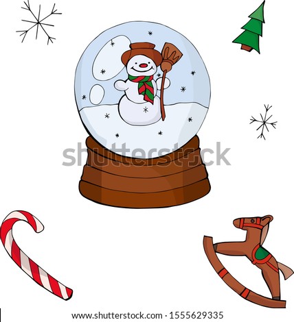 Christmas set of a ball with snow, a snowman, snowflakes and a toy horse. New Year stickers.Crystal ball, snowball with snowy Christmas tree.