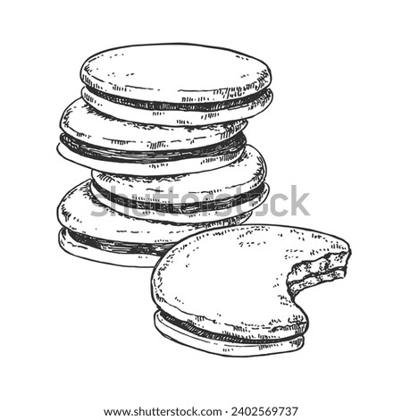 Hand drawn vector glazed with chocolate cookies illustration. Topping biscuits filled with cream, crema. Pastry design template for menu, ad, label