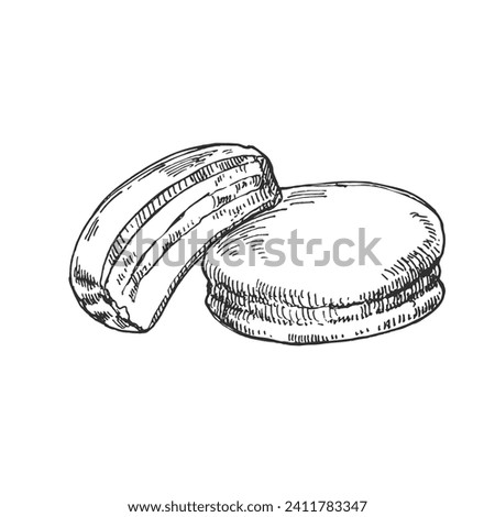 Hand drawn vector glazed with chocolate cookies illustration. Topping biscuits filled with cream, crema. Pastry design template for menu, ad, label