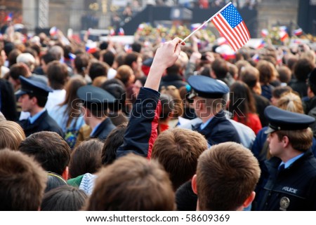 PRAGUE - 4TH APRIL: Crowd of people waiting for the speech of american president Barack Obama in Prague on Prague Castle on April 4, 2009 at Prague Castle, Prague, Czech Republic.