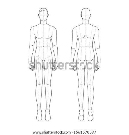 Fashion template of standing men. 9 head size for technical drawing with main lines. Gentlemen figure front and back view. Vector outline boy for fashion sketching and illustration.