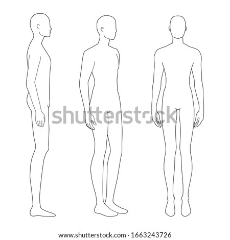 Fashion template of standing men. 9 head size for technical drawing. Gentlemen figure front, side and 3-4 view. Vector outline boy for fashion sketching and illustration.