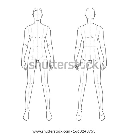 Fashion template of standing men with wide legs. 9 head size for technical drawing with main lines. Gentlemen figure front and back view. Vector outline boy for fashion sketching and illustration.