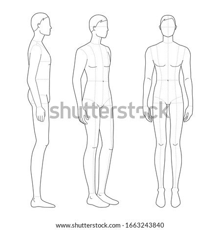 Fashion template of standing men in 3 poses. 9 head size for technical drawing with main lines. Gentlemen figure front, 3-4 and side view. Vector outline boy for fashion sketching and illustration.