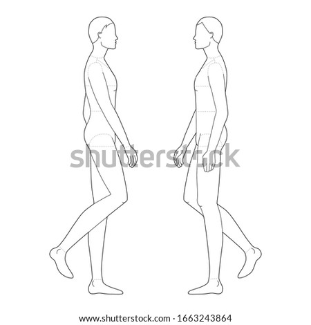 Fashion template of walking men. 9 head size for technical drawing with main lines. Gentlemen figure right and left side view. Vector outline boy for fashion sketching and illustration.