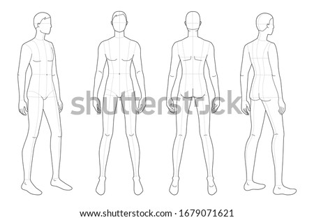 Fashion template of standing men. 9 head size for technical drawing with main lines. Gentlemen figure front, 3-4 and back view. Vector outline boy for fashion sketching and illustration.