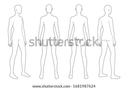 Fashion template of standing men. Gentlemen figure front, 3-4 and back view. Vector outline boy for fashion sketching and illustration. Stockfoto © 