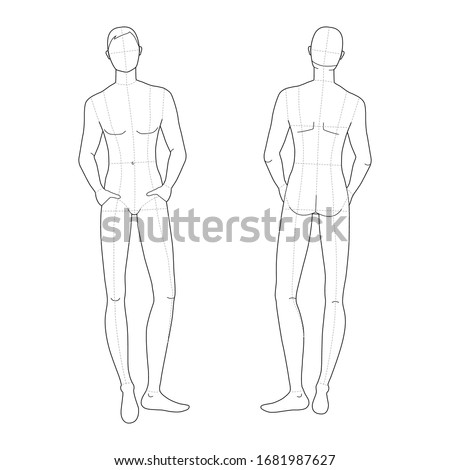 Fashion template of relaxing stand men. Gentlemen figure front and back view. Vector outline boy for fashion sketching and illustration.