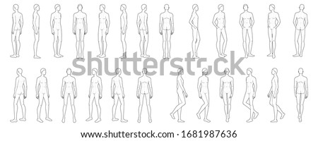 Fashion template of 25 men. 9 head size for technical drawing with main lines. Gentlemen figure front, side, 3-4 and back view. Vector outline boy for fashion sketching and illustration.