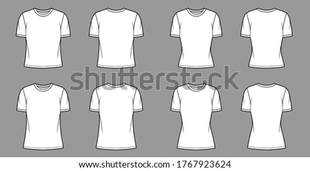 T-shirt technical fashion illustration set with crew neck, fitted and oversized long and regular body, short sleeves, flat. Apparel template front and back white color. Women men unisex garment mockup