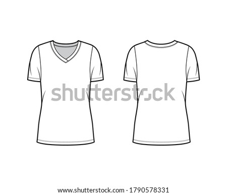 V-neck jersey t-shirt technical fashion illustration with short sleeves, oversized body tunic length. Flat sweater apparel template front back white color. Women men unisex outwear top CAD mockup